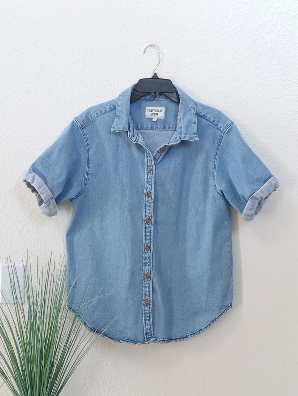 Denim Velvet Heart Womens Button Blouse